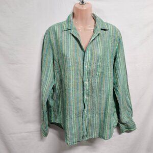 Frank & Eileen Casual Striped Top Blouse Women Size XS Green 100% Linen Eileen